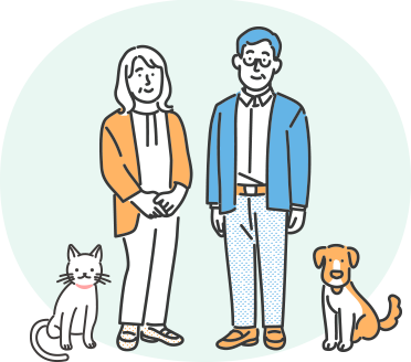 老夫婦と犬と猫のイラスト