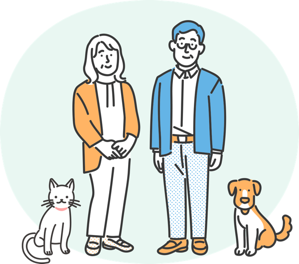 老夫婦と犬と猫のイラスト