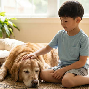 Young boy sits on a rug indoors, calmly stroking a golden retriever resting beside him.